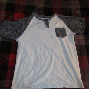 White Shirt with Striped Gray Sleeves and Pocket
